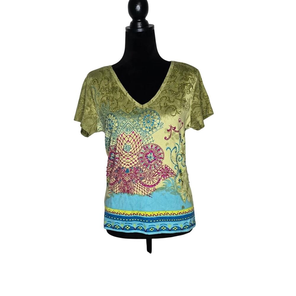 Vintage Y2K Forbidden Women’s L Rhinestone Boho Graphic V Neck Shirt 2000s